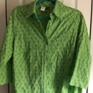 Coldwater Creek 1X Bright Green Embroidered Blouse